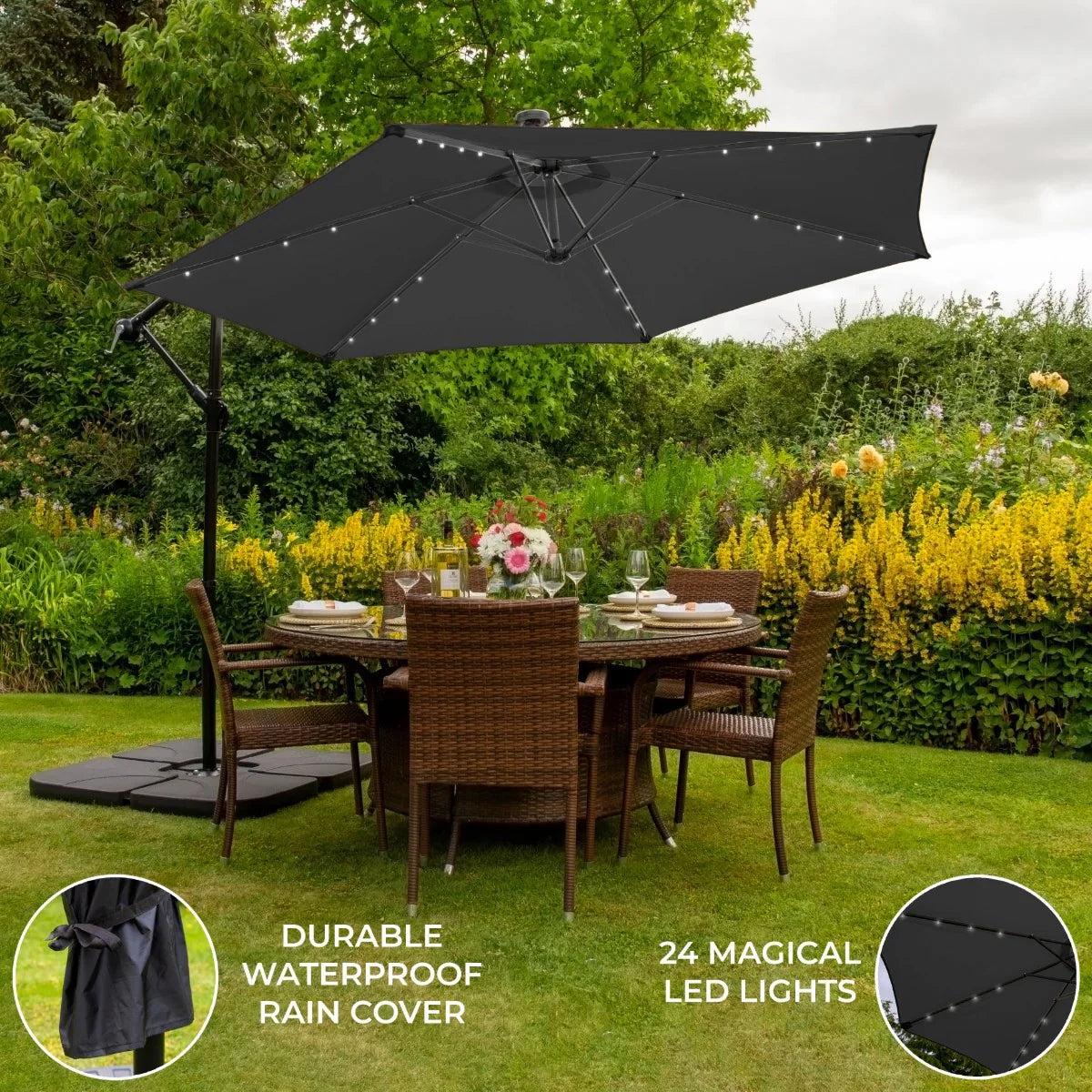 Grey 3m LED cantilever parasol with waterproof cover, featuring 24 warm lights, set over a dining table in a garden