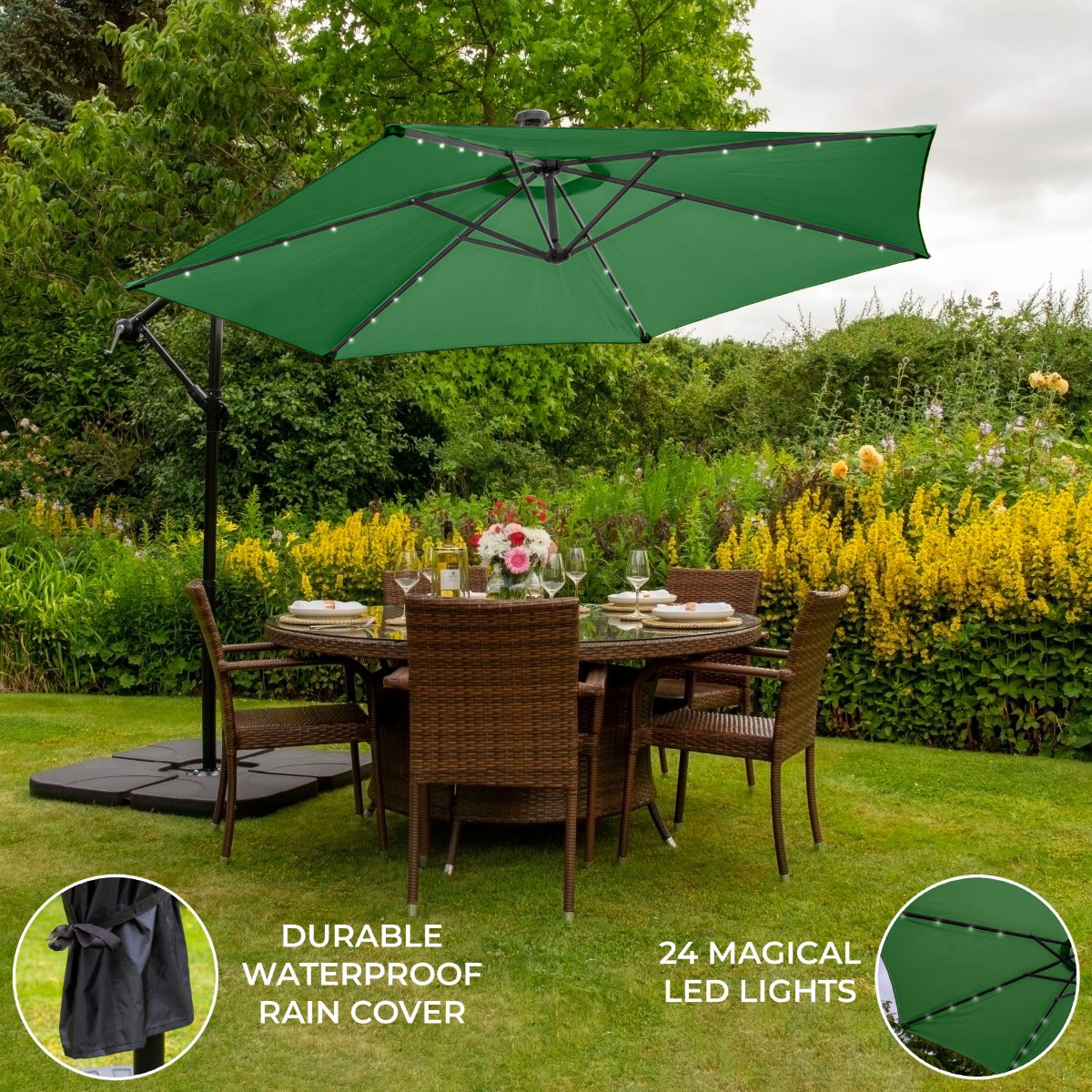 Green 3m LED Cantilever Parasol & Plain Base