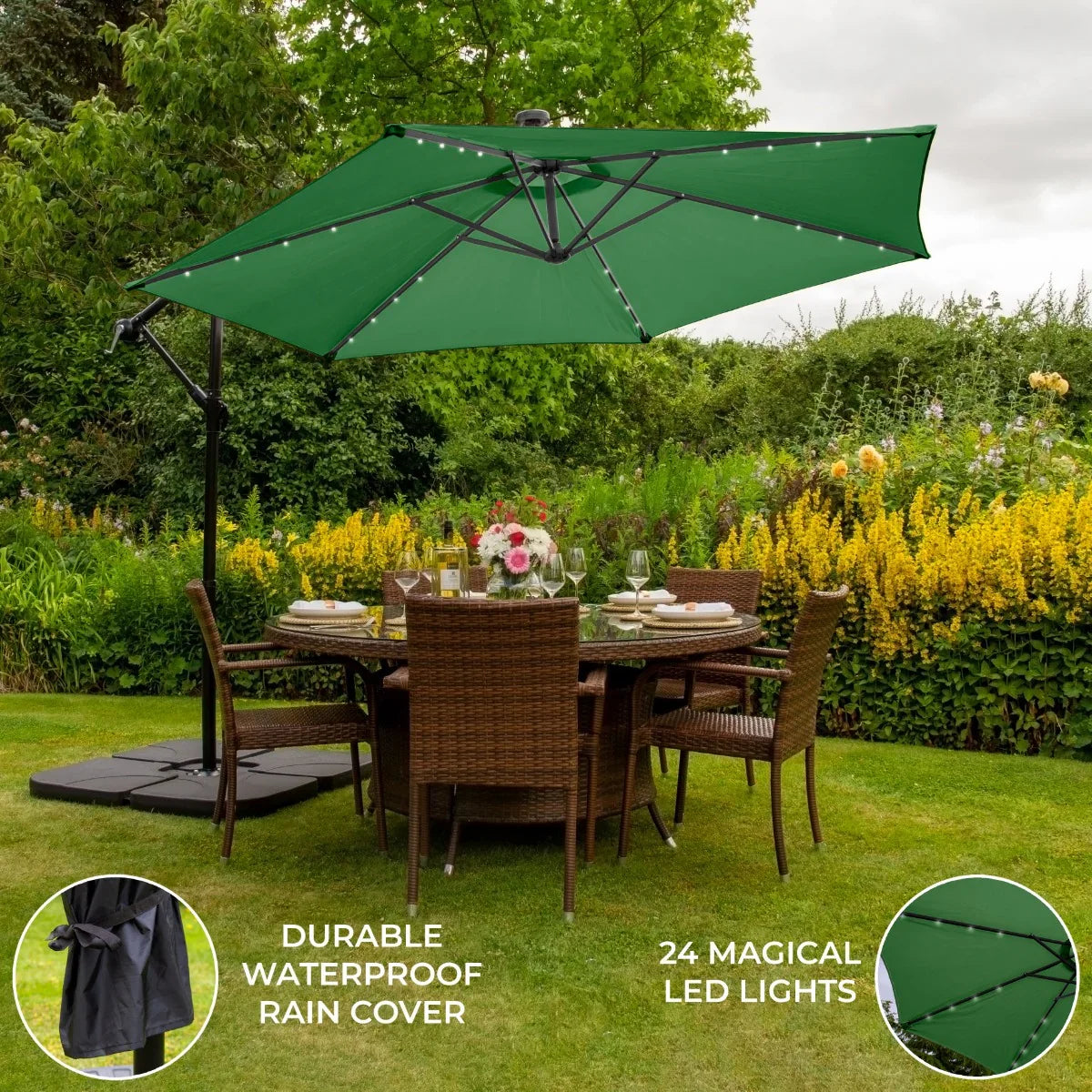 Green 3m LED cantilever parasol with waterproof cover, featuring 24 LED lights, set over a dining table in a garden