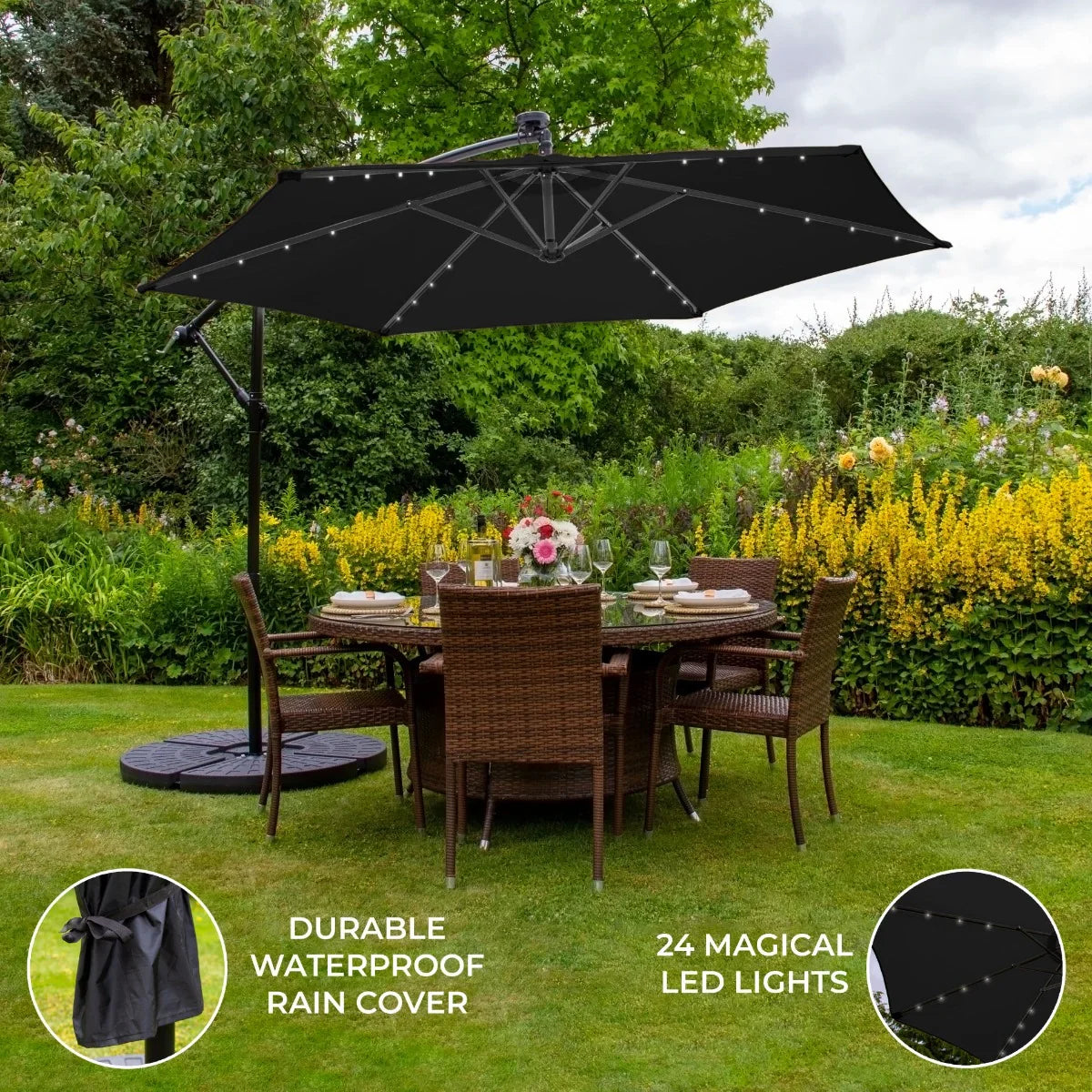 Black 3m LED cantilever parasol with fan base, featuring a waterproof cover and 24 integrated lights, set over a garden dining area