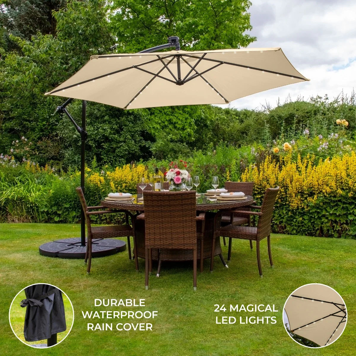 Beige 3m LED cantilever parasol with fan base, featuring a waterproof cover and 24 integrated LED lights, set over a patio dining table
