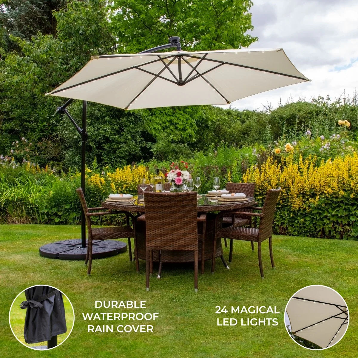 Cream 3m LED cantilever parasol with fan base, featuring a durable waterproof cover and 24 integrated LED lights, set over a patio dining table