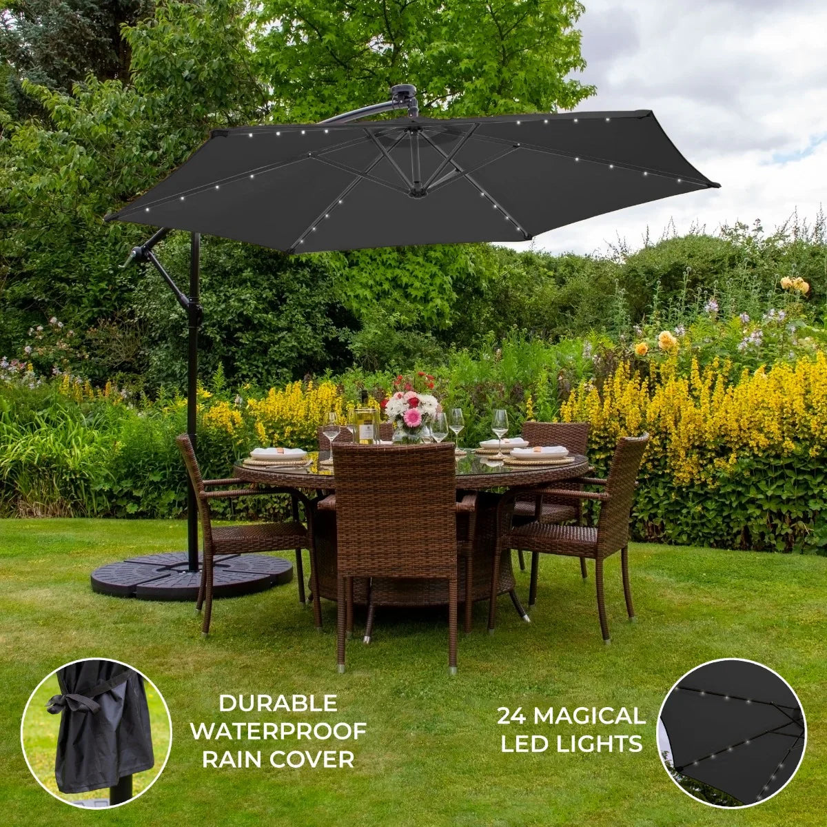 Grey 3m LED cantilever parasol with fan base, featuring a durable waterproof cover and 24 integrated LED lights, set in a garden dining area