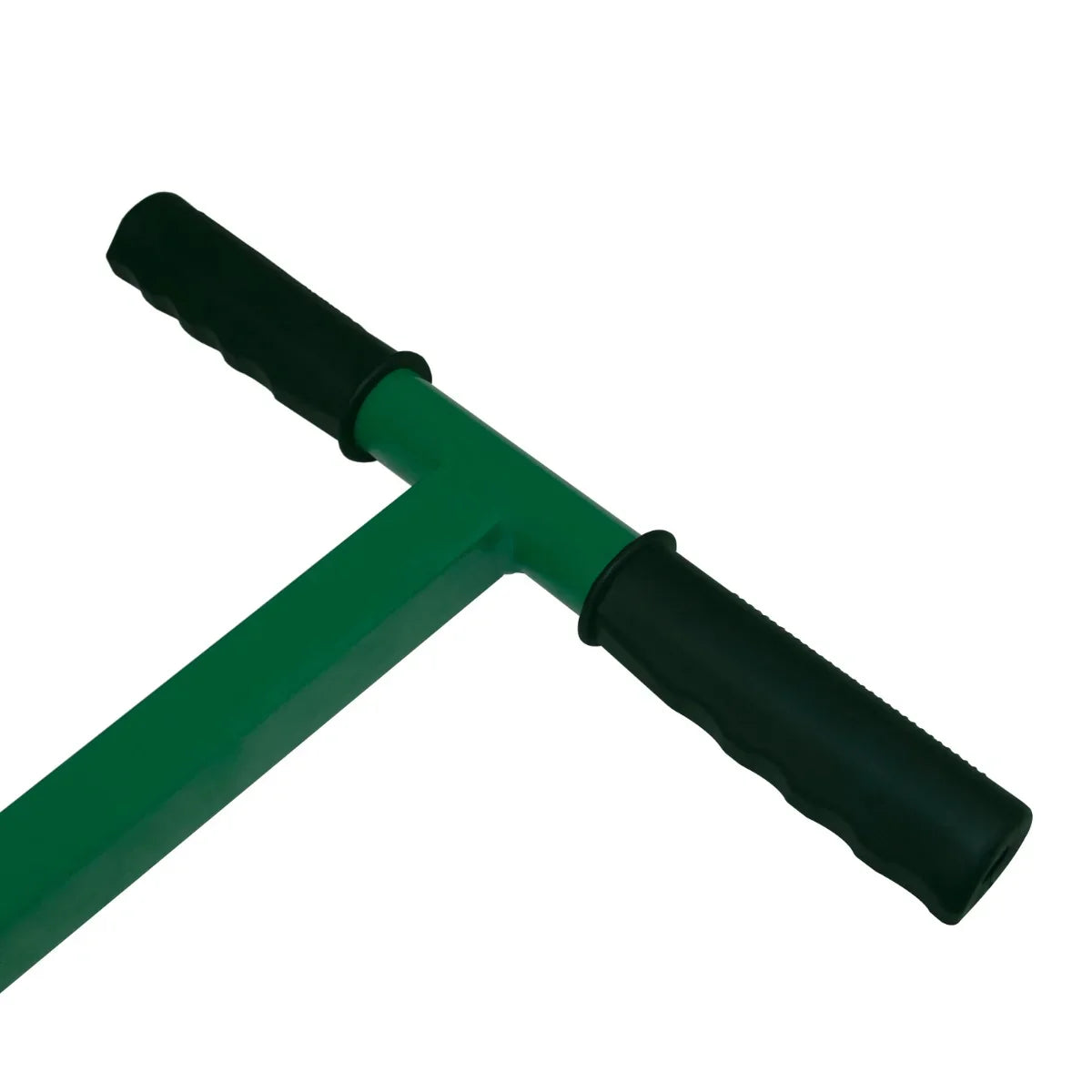 Green compost and peat moss spreader with a T-shaped handle and textured black grips for easy use in gardening and landscaping
