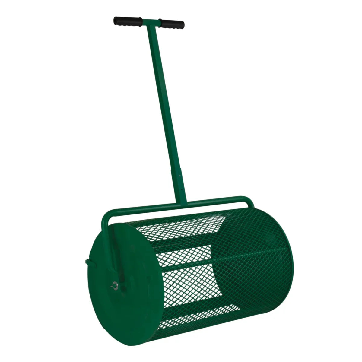 Green compost and peat moss spreader with a mesh drum and sturdy handle, designed for even distribution in gardens and lawns
