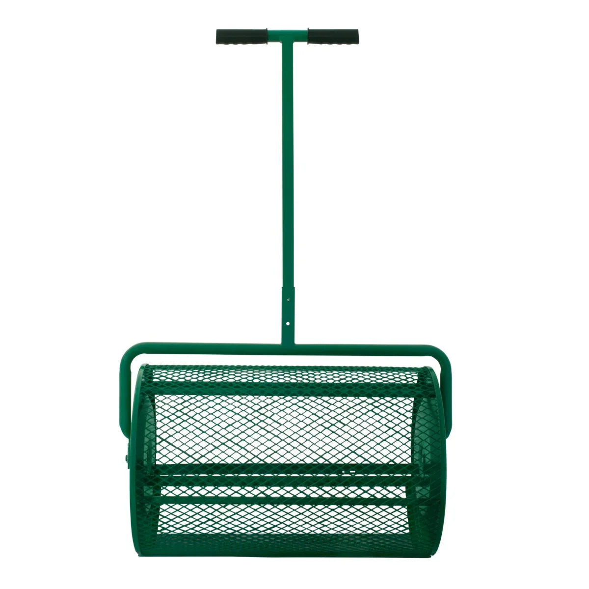 Green compost and peat moss spreader with a sturdy mesh drum and long handle, designed for easy garden soil application