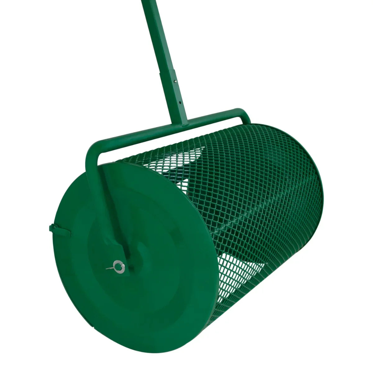 Green compost and peat moss spreader with a cylindrical mesh drum and sturdy handle, designed for even soil distribution
