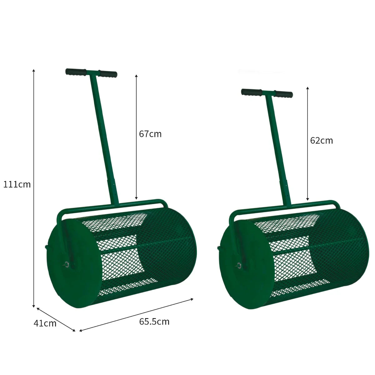 Green compost and peat moss spreader with a sturdy handle, large mesh drum, and dimensions of 111cm height and 65.5cm width