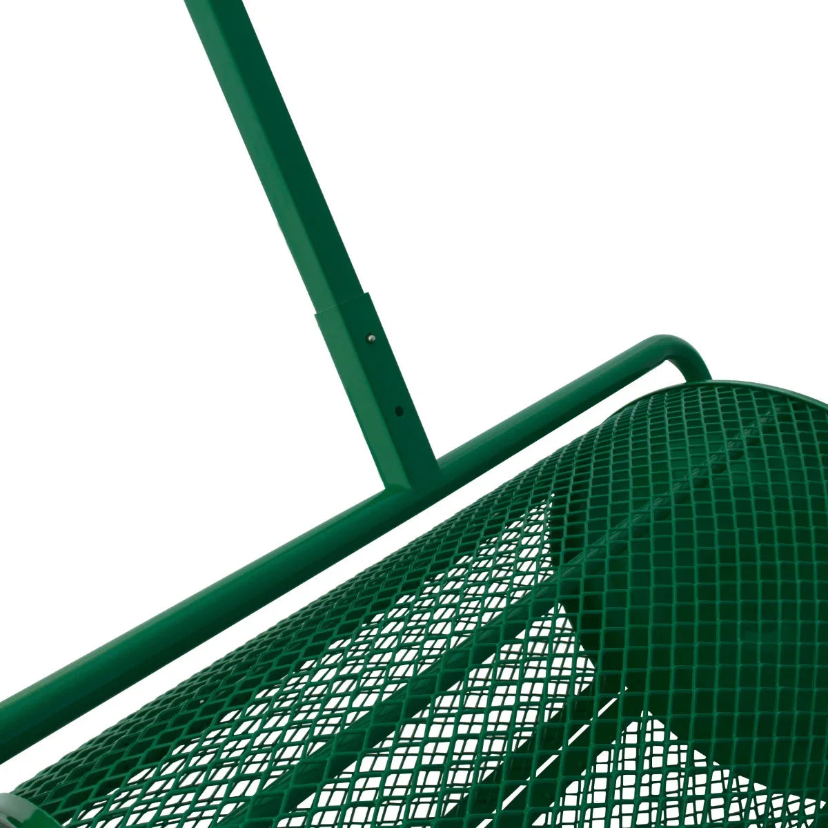 Green compost and peat moss spreader with a sturdy metal frame and mesh design for even distribution in gardens and lawns