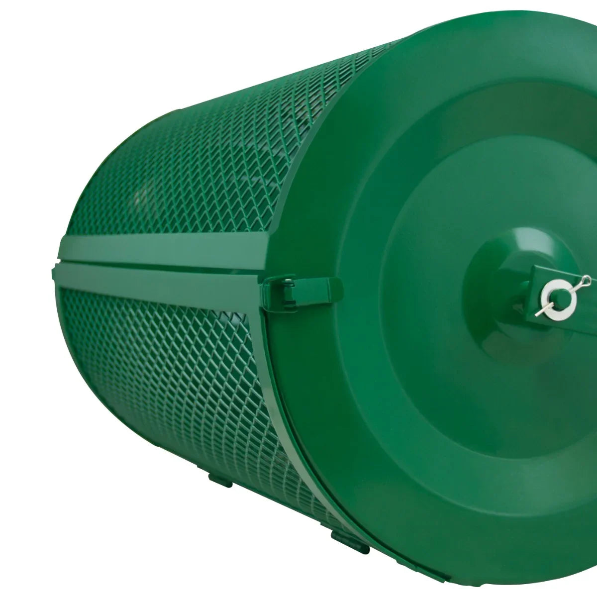 Green compost and peat moss spreader with a cylindrical shape, mesh design, and sturdy handle for easy garden use