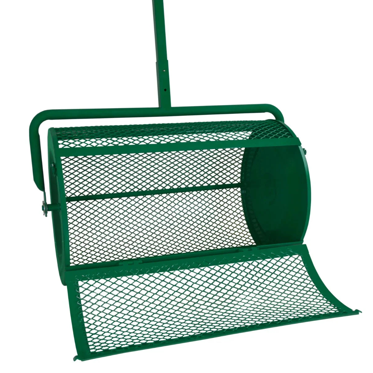 Green compost and peat moss spreader with a mesh drum and wide opening for even distribution, ideal for gardening and landscaping tasks