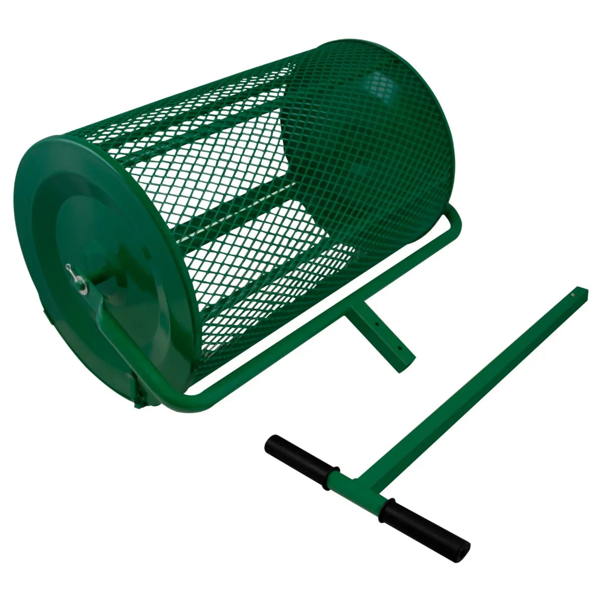 Green compost and peat moss spreader with a cylindrical mesh drum and sturdy handle, designed for easy soil aeration and mixing