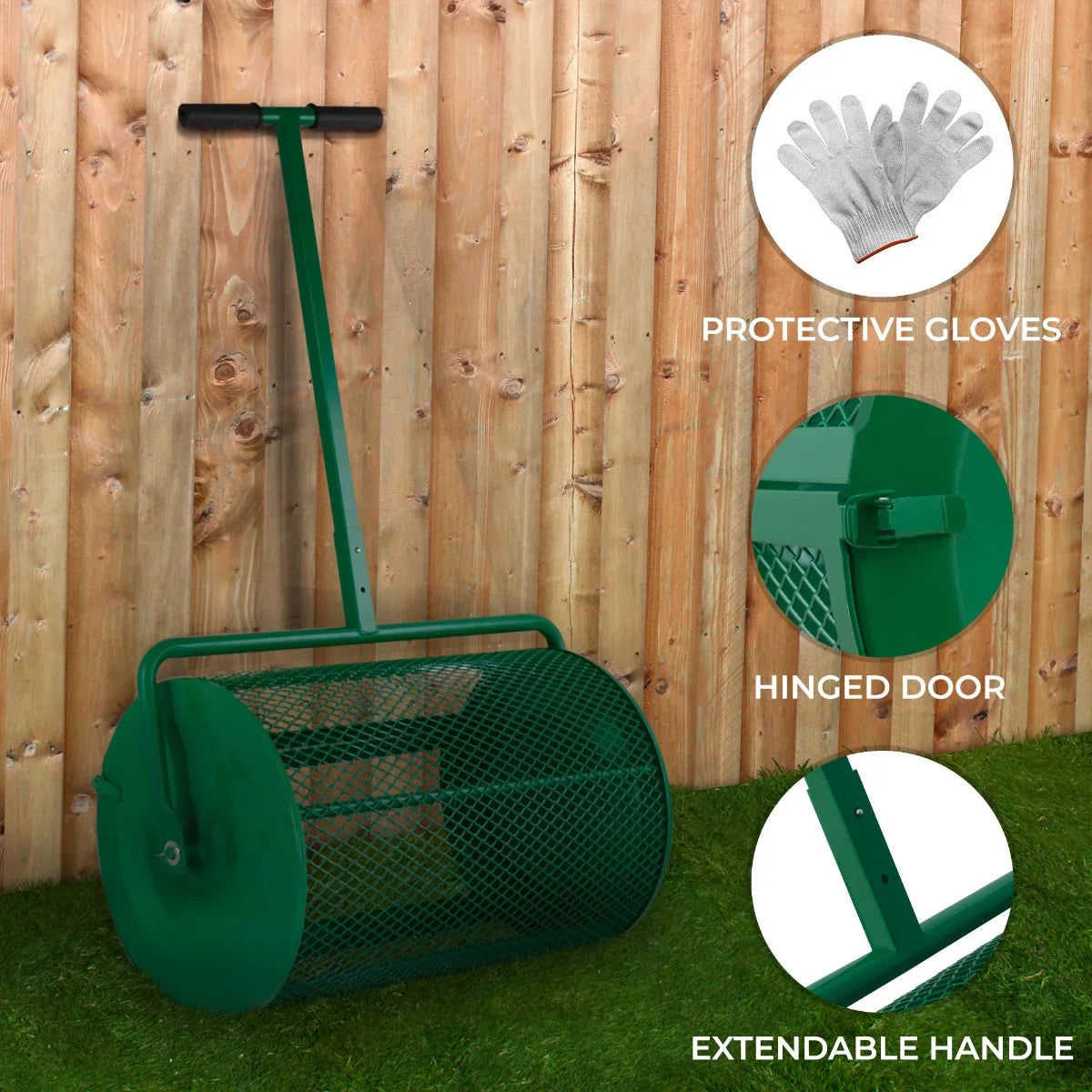 Green compost and peat moss spreader with a mesh drum, extendable handle, and hinged door, set against a wooden fence and grass