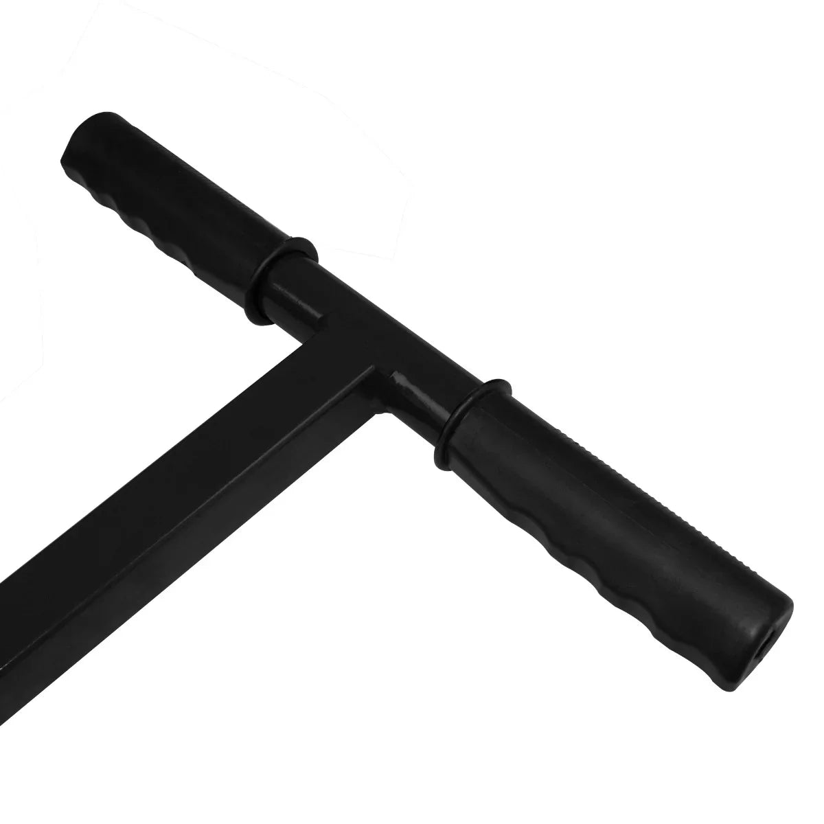 Black compost and peat moss spreader featuring a T-shaped handle with textured grips for easy maneuverability and control