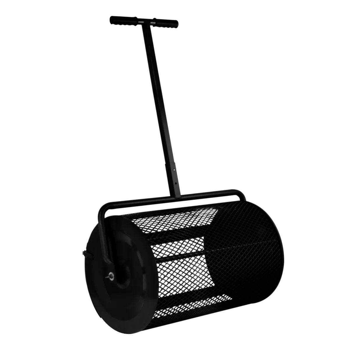 Black compost and peat moss spreader with a sturdy handle and mesh drum for even distribution in gardens and lawns