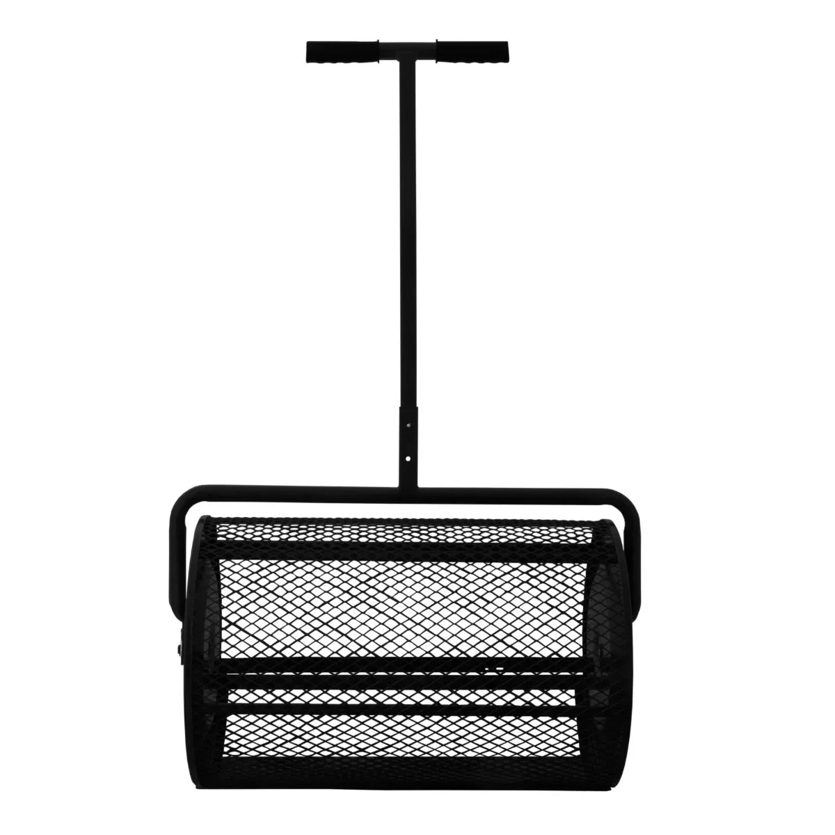Black compost and peat moss spreader with a sturdy handle and mesh drum for even distribution of materials in gardens