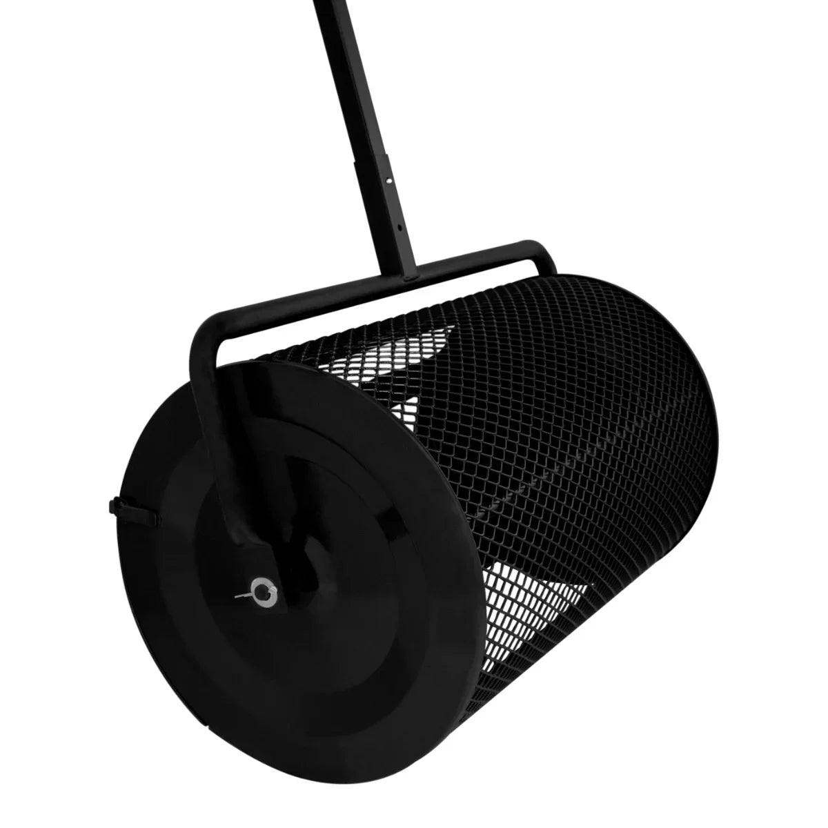 Black compost and peat moss spreader with a cylindrical mesh drum and sturdy handle, designed for efficient garden use