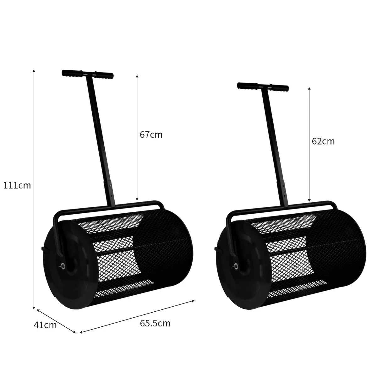 Black compost and peat moss spreader with a sturdy handle, featuring a mesh drum for even distribution and easy maneuverability