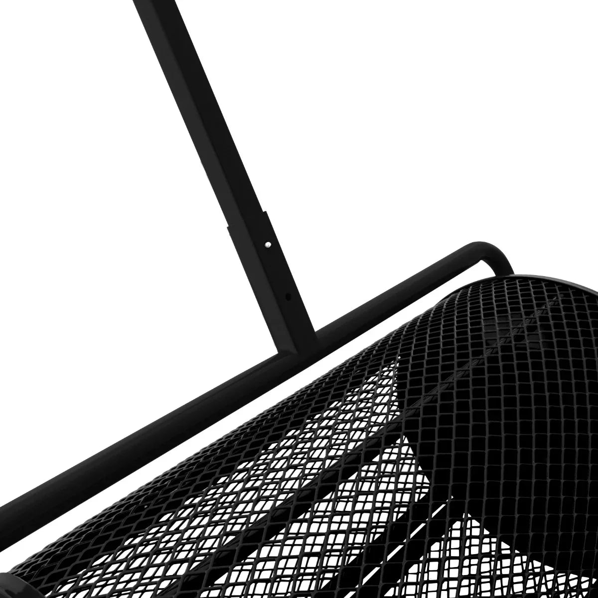 Black compost and peat moss spreader with a sturdy mesh design, featuring a curved barrel and a long handle for easy maneuvering