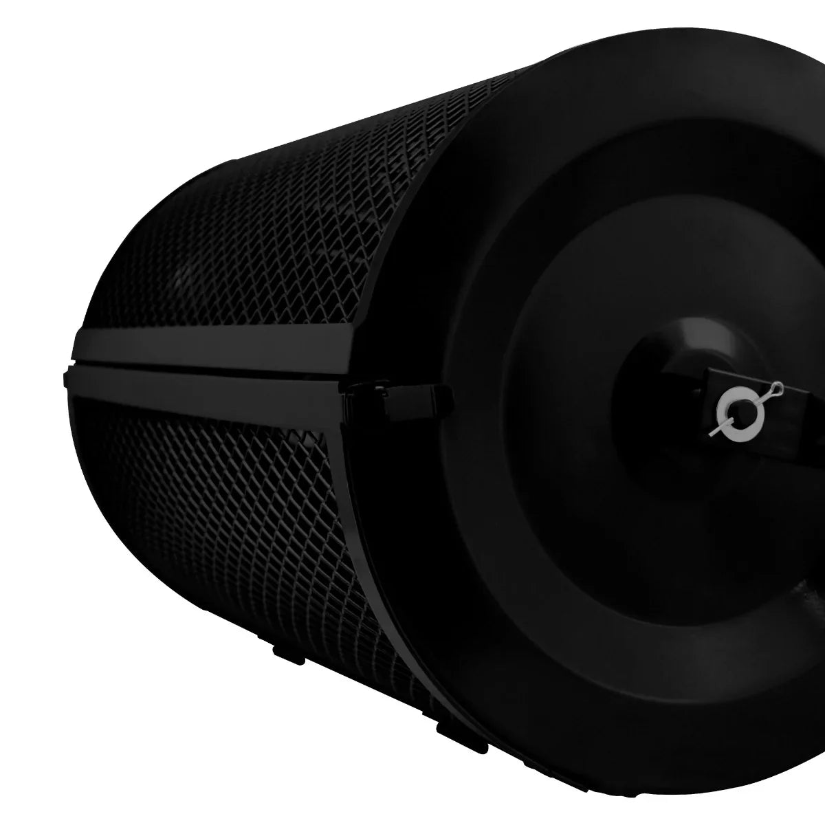 Black compost and peat moss spreader featuring a cylindrical design with a textured mesh surface for even distribution