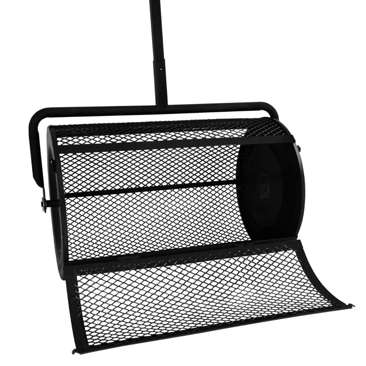 Black compost and peat moss spreader with a cylindrical mesh drum, sturdy handle, and open design for easy material distribution