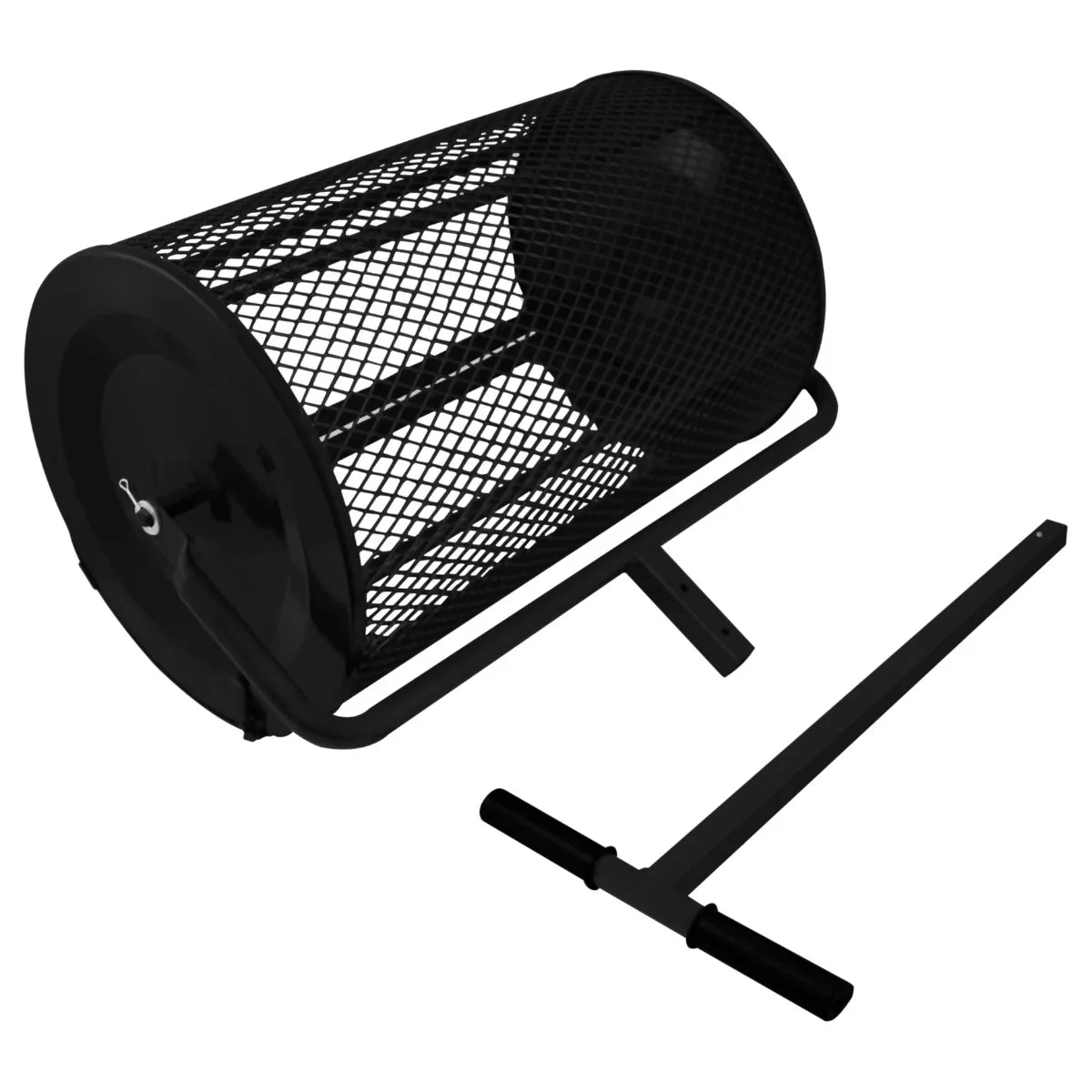 Black compost and peat moss spreader with a cylindrical mesh drum and sturdy handle for easy garden use and even distribution