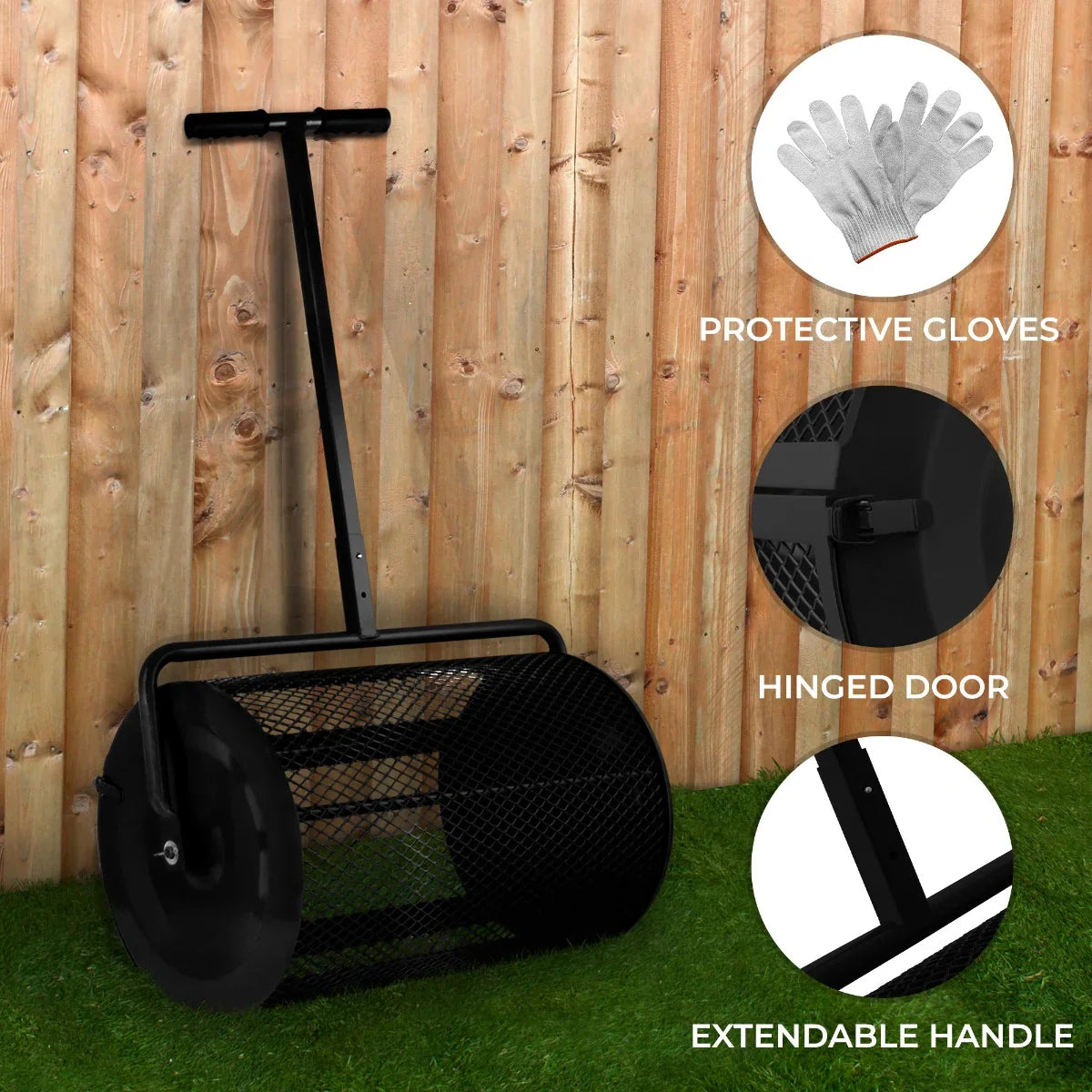 Black compost and peat moss spreader with a mesh drum, extendable handle, and hinged door, set against a wooden fence and grass background