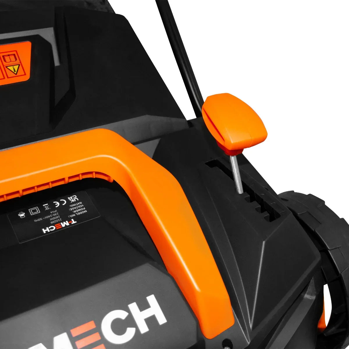 T-Mech Artificial Grass Vacuum features a sleek black body with an orange handle, showcasing control panel and adjustable settings for easy use
