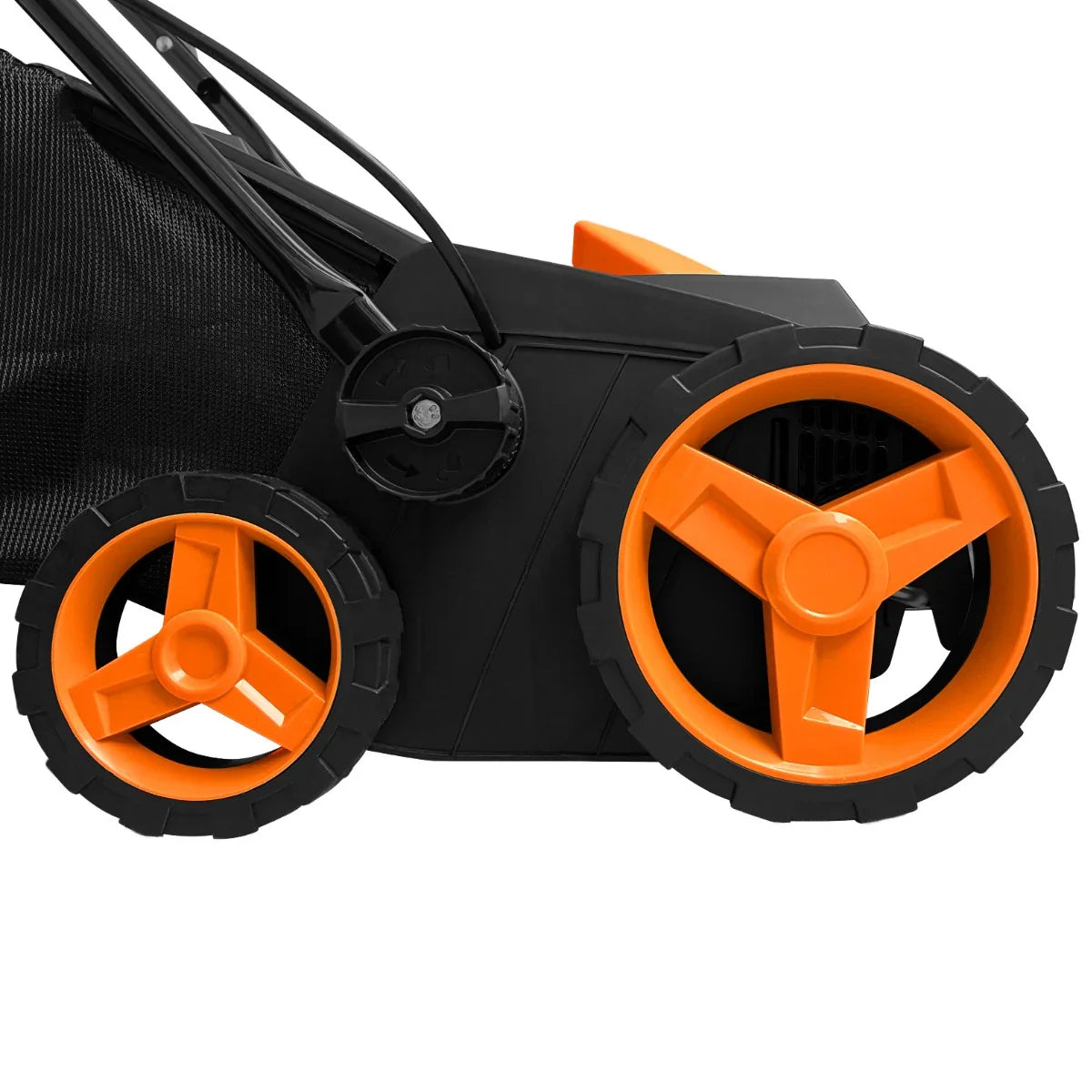 T-Mech Artificial Grass Vacuum features durable black and orange wheels, designed for easy maneuverability on synthetic lawns