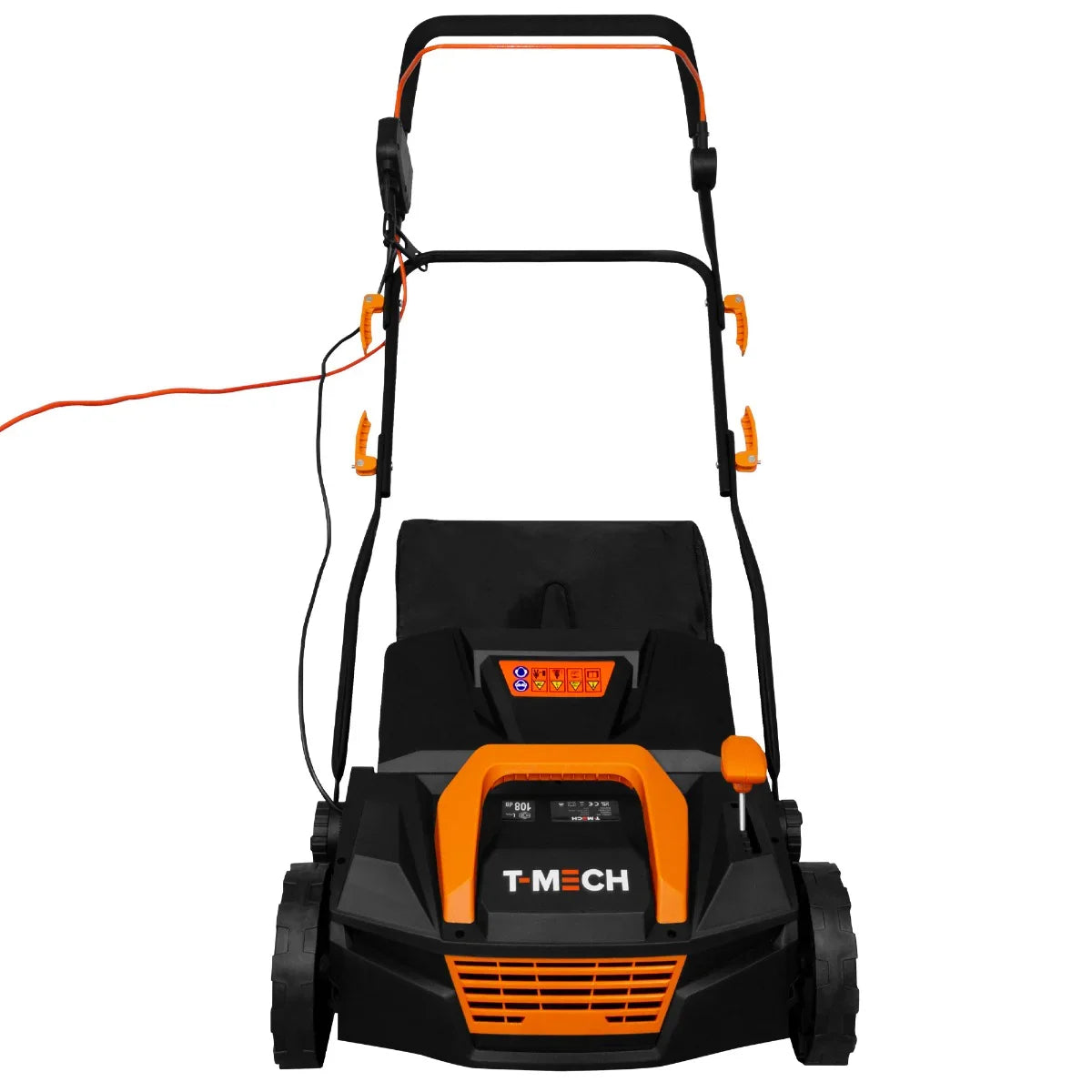 T-Mech Artificial Grass Vacuum features a sleek black and orange design, with a sturdy handle and large wheels for easy maneuverability