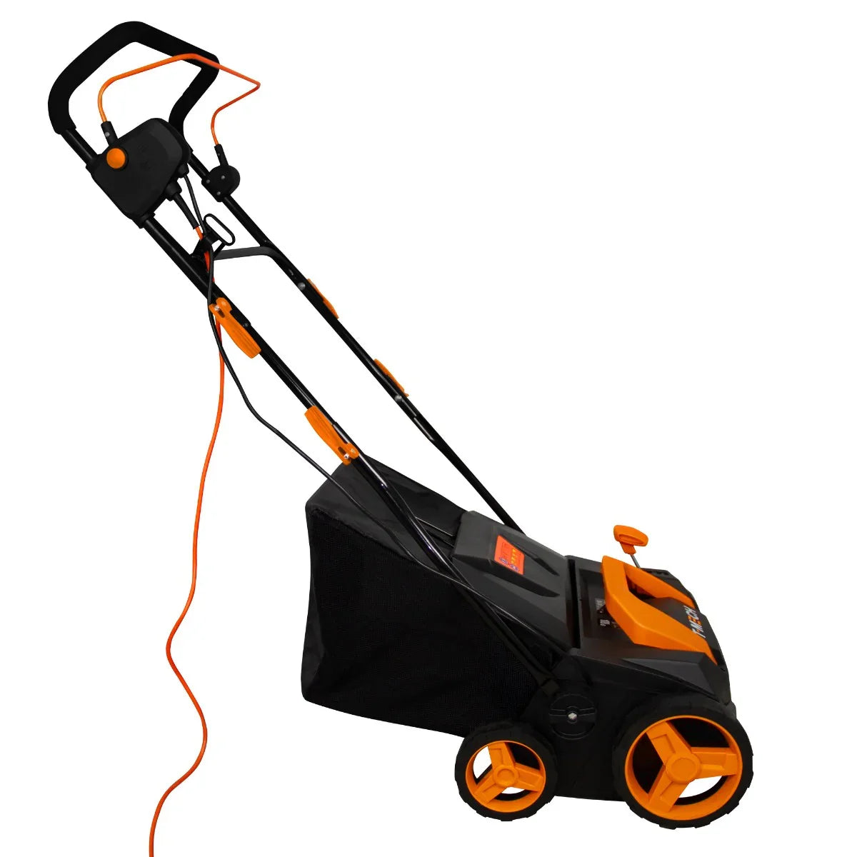 T-Mech Artificial Grass Vacuum features a sleek black and orange design, with a sturdy handle, large wheels, and a fabric collection bag for easy debris disposal