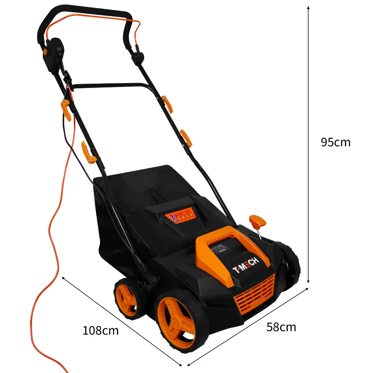 T-Mech Artificial Grass Vacuum in black and orange, featuring a compact design, large wheels, and a user-friendly control panel
