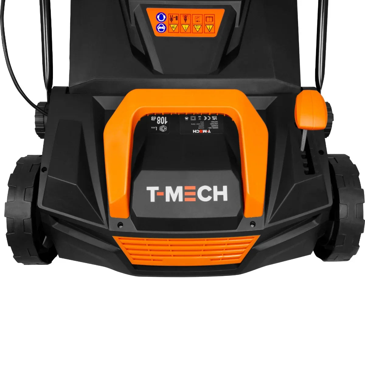 T-Mech Artificial Grass Vacuum features a sleek black and orange design with a sturdy handle and control panel for easy operation