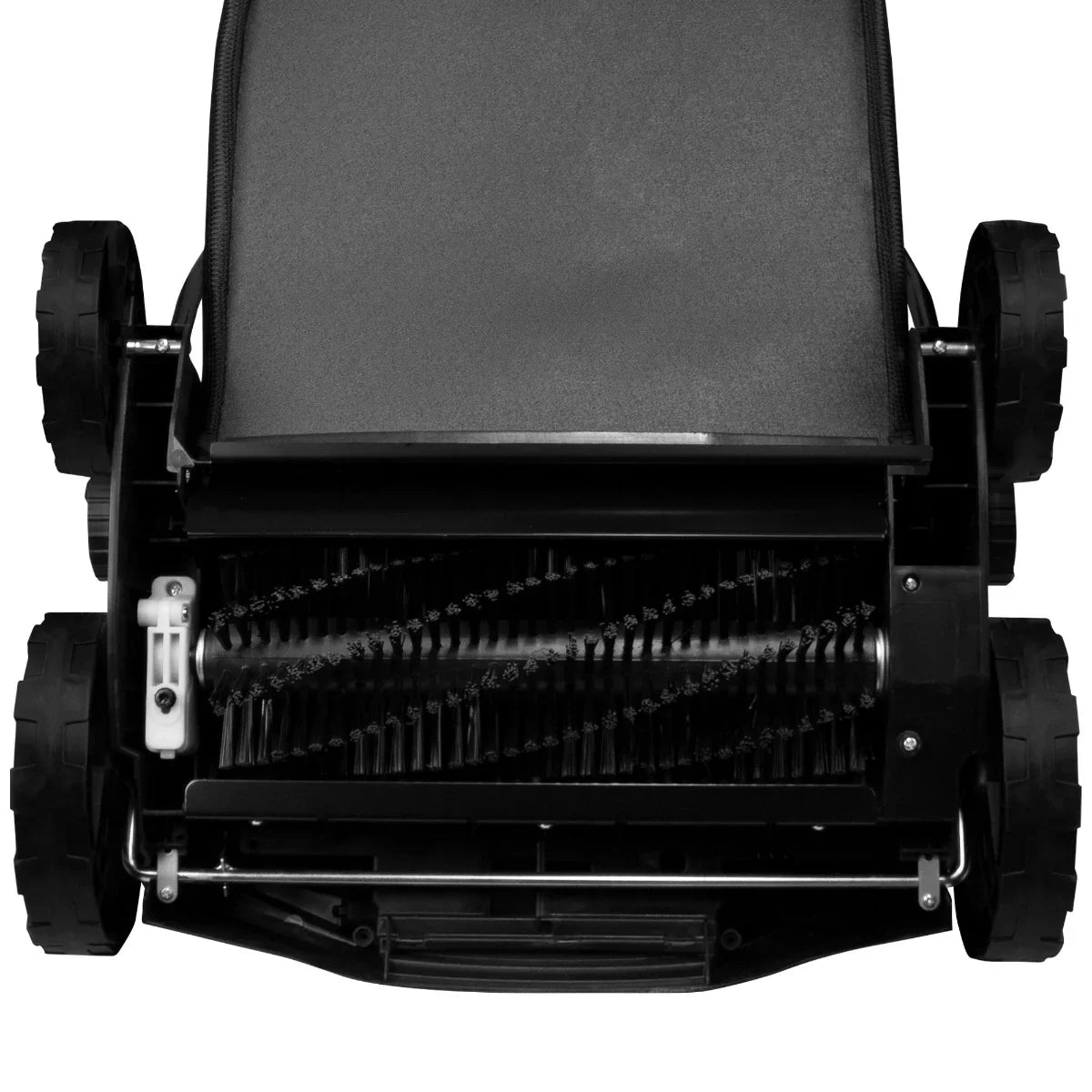 T-Mech Artificial Grass Vacuum with a sleek black design, featuring a wide brush roll and durable wheels for easy maneuverability