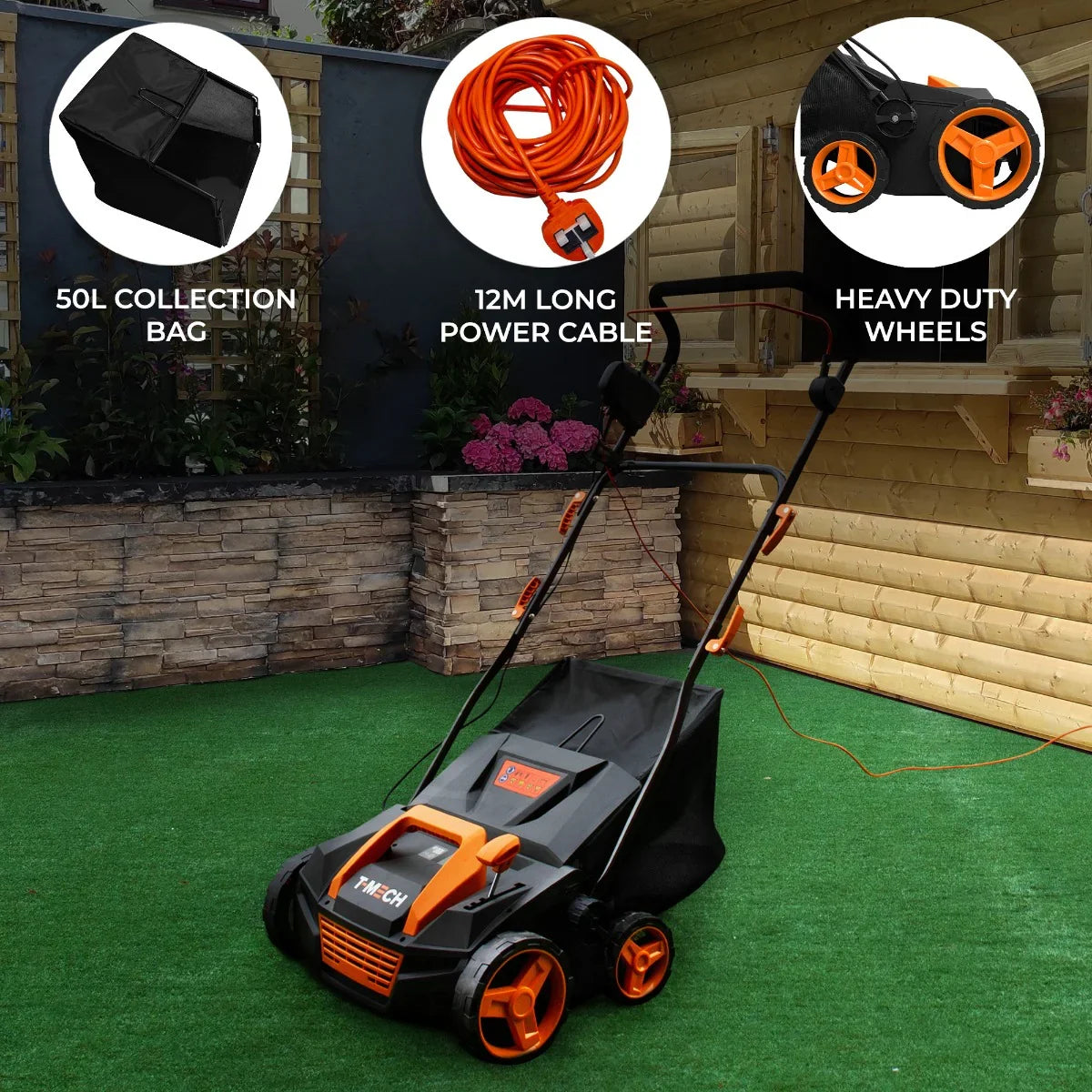 T-Mech Artificial Grass Vacuum with 50L collection bag, 12m power cable, heavy-duty wheels, and vibrant orange accents on a green lawn