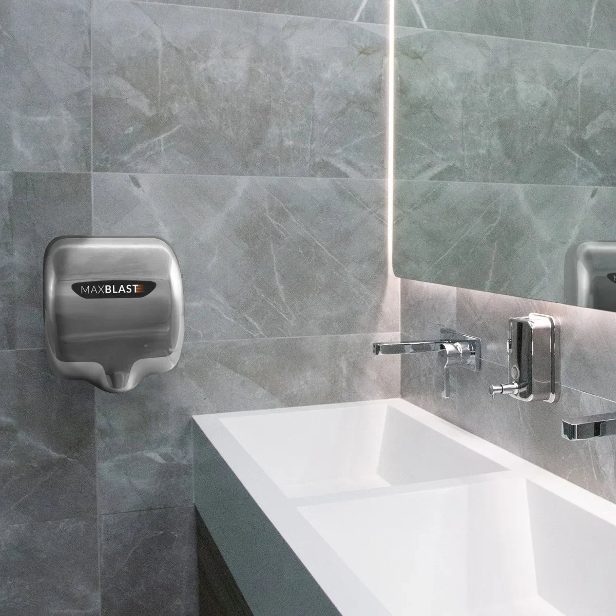 Maxblast Automatic Commercial Hand Dryer with HEPA Filter, sleek silver design mounted on a modern bathroom wall above a white sink