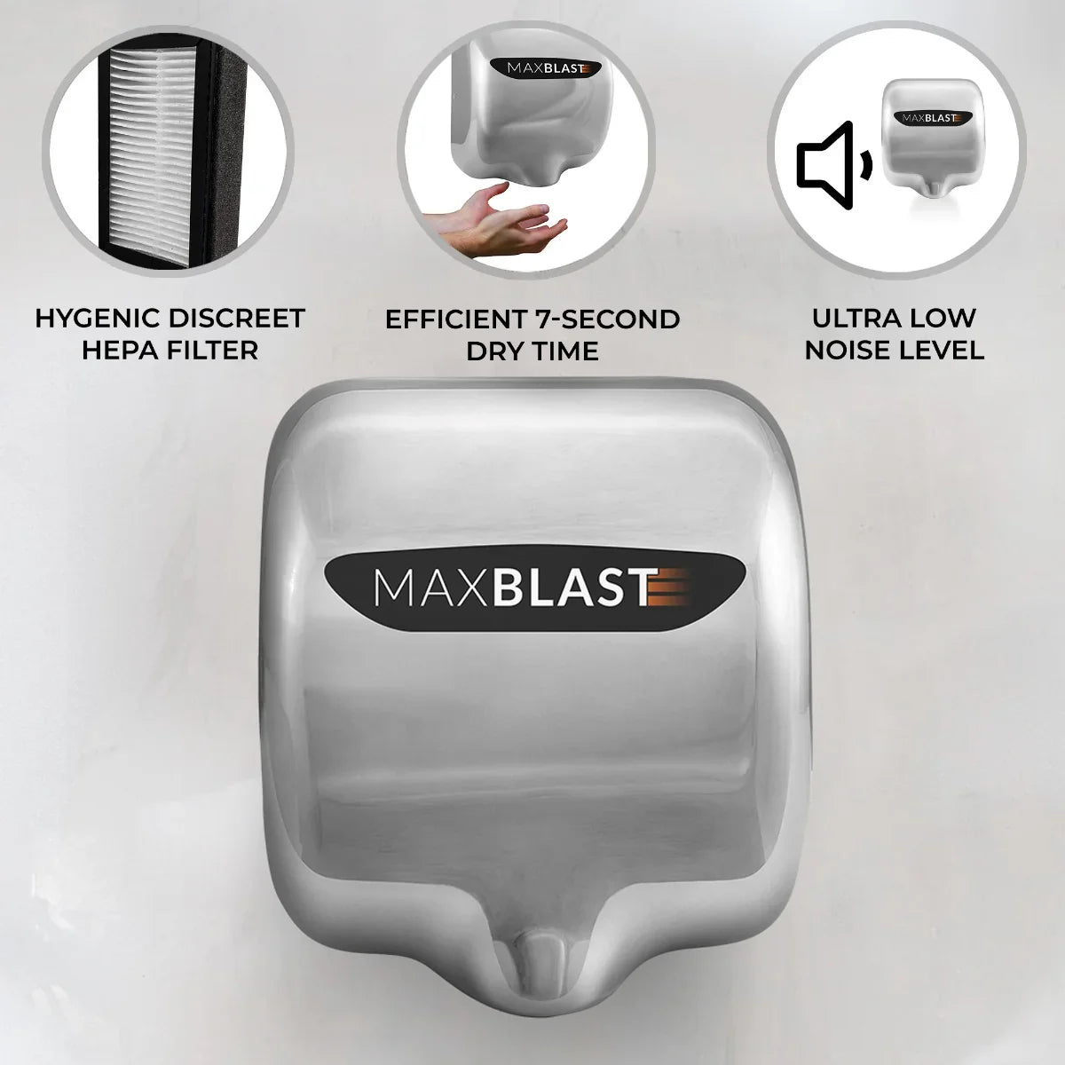 Maxblast Automatic Commercial Hand Dryer features a sleek stainless steel design, HEPA filter, and icons highlighting quick drying and low noise