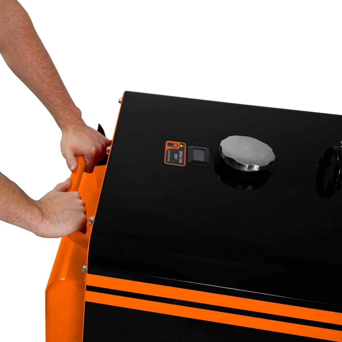Portable T-Mech diesel generator with a sleek black and orange design, featuring a fuel cap and user-friendly handle for easy transport