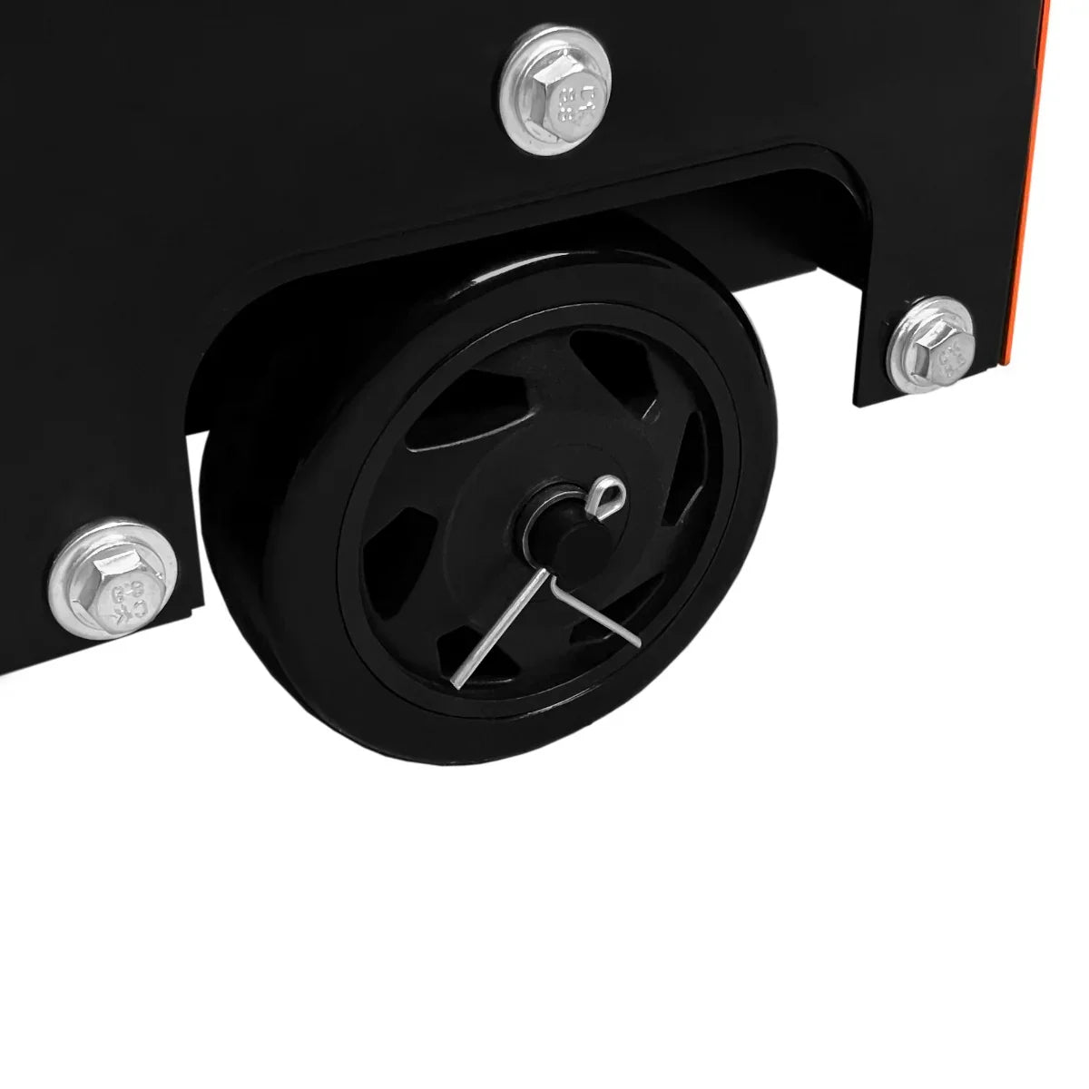 Close-up of a black wheel on the T-Mech Portable Silent Diesel Generator, showcasing its sturdy design and smooth rolling capability
