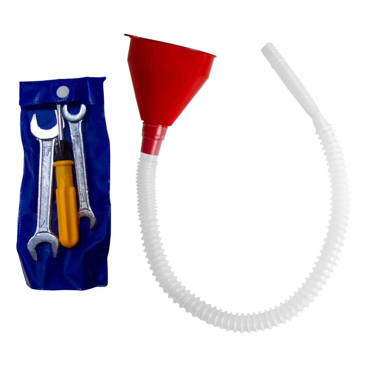 Red funnel with a flexible white hose and a blue tool pouch containing wrenches and a screwdriver for maintenance tasks