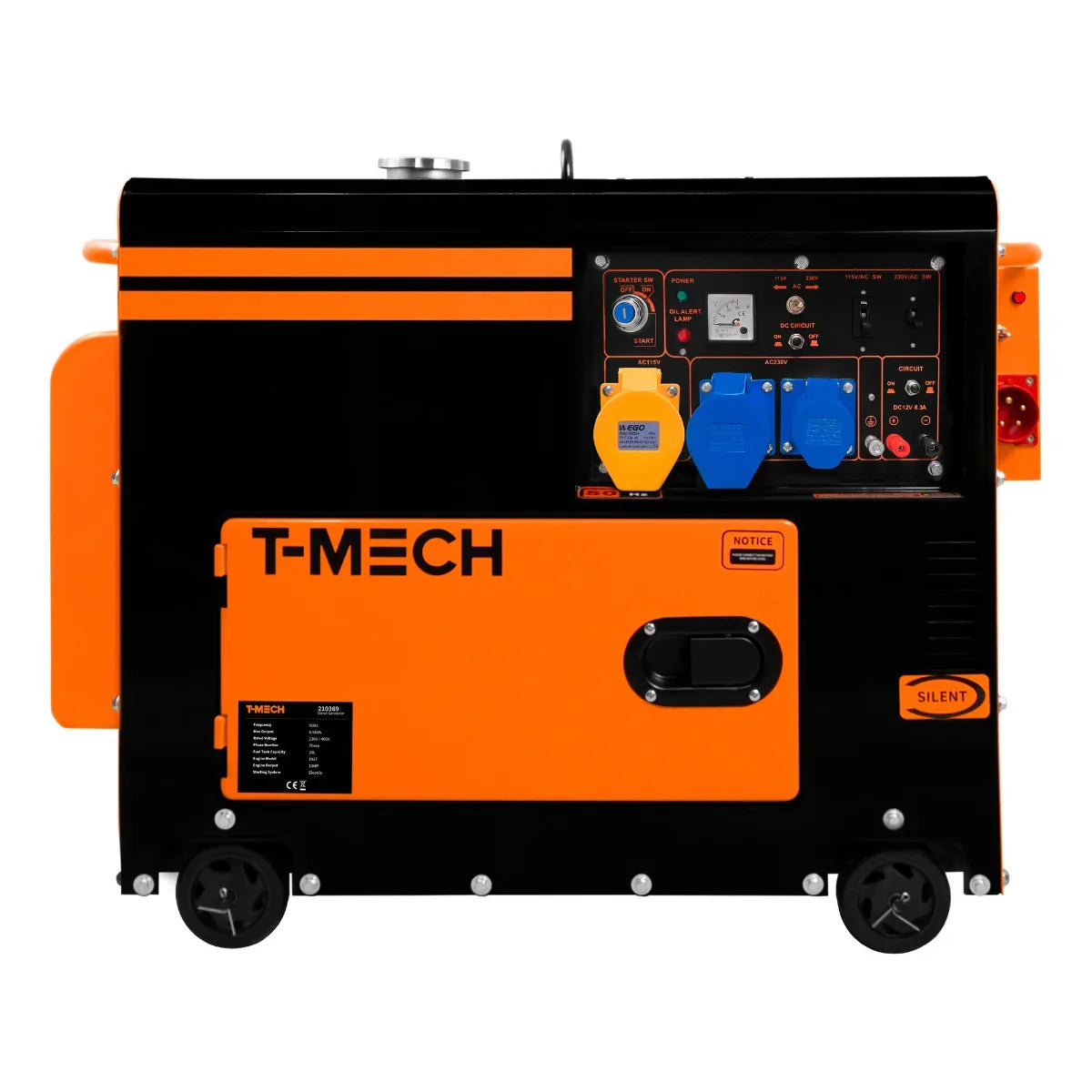 T-Mech portable silent diesel generator in black and orange, featuring control panel, wheels for mobility, and single-phase 230V output