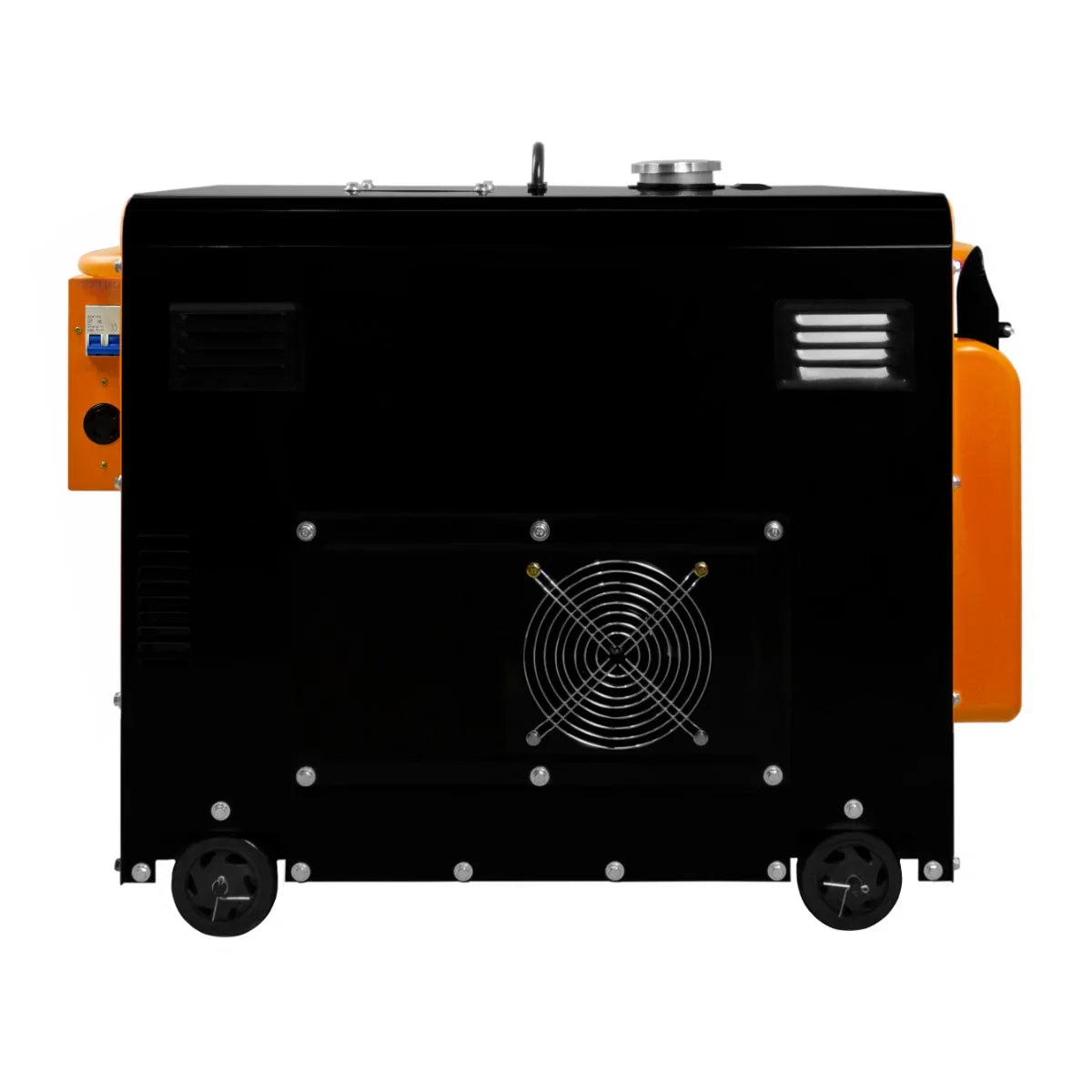 Portable silent diesel generator in black and orange, featuring a sturdy design, side ventilation, and wheels for easy mobility