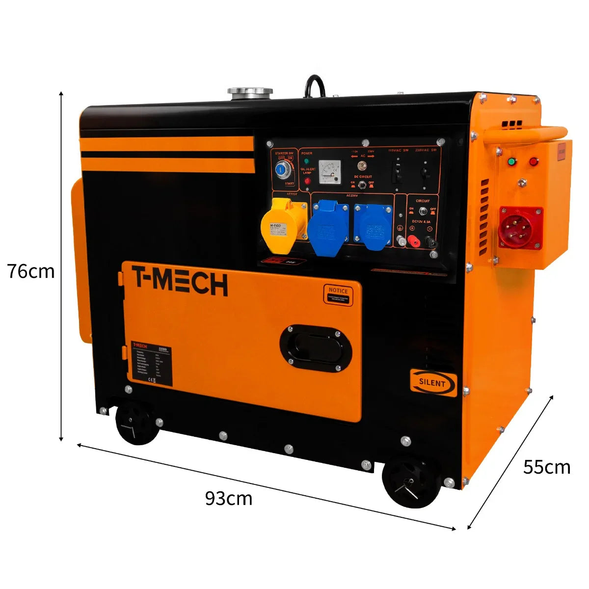 T-Mech portable silent diesel generator in black and orange, featuring control panel, wheels, and compact design for easy transport