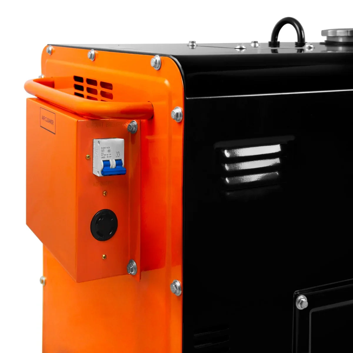T-Mech portable silent diesel generator with a sleek black and orange design, featuring a control panel and sturdy handle for easy transport