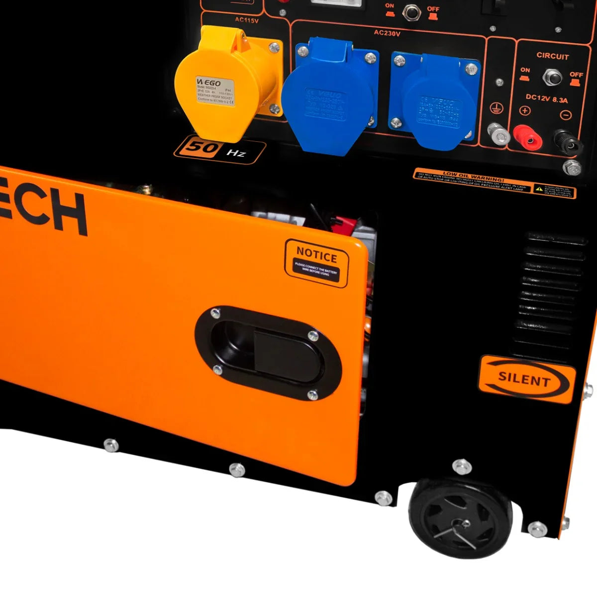 T-Mech portable silent diesel generator with black and orange casing, featuring multiple power outlets and a compact design