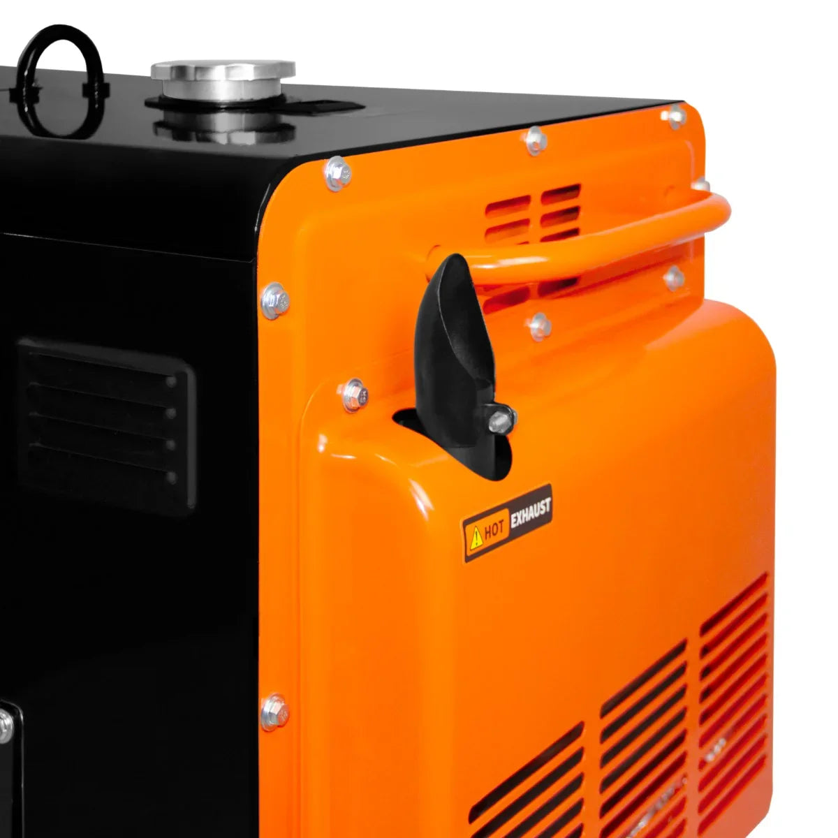 Portable silent diesel generator in black and orange, featuring a sleek design, exhaust outlet, and sturdy build for reliable power