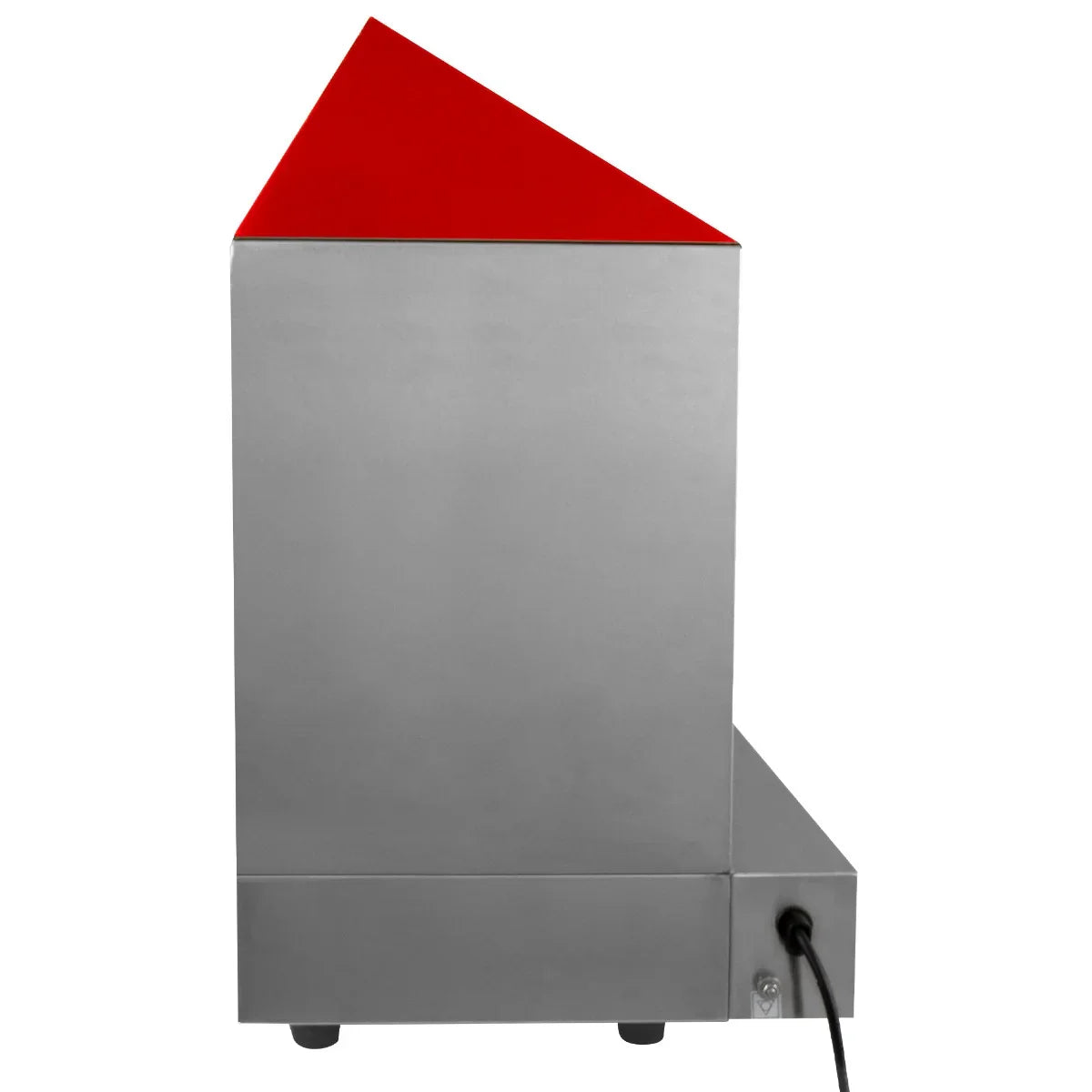 Stainless steel KuKoo Commercial Hot Dog Steamer with a vibrant red triangular top, featuring a sleek, modern design and power cord