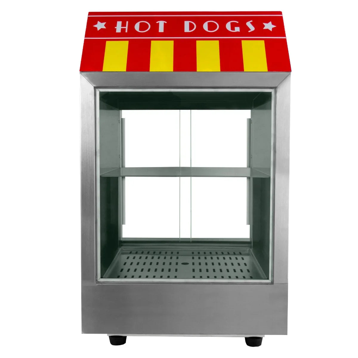 KuKoo Commercial Hot Dog Steamer with a vibrant red and yellow striped canopy, stainless steel body, and glass display for easy visibility