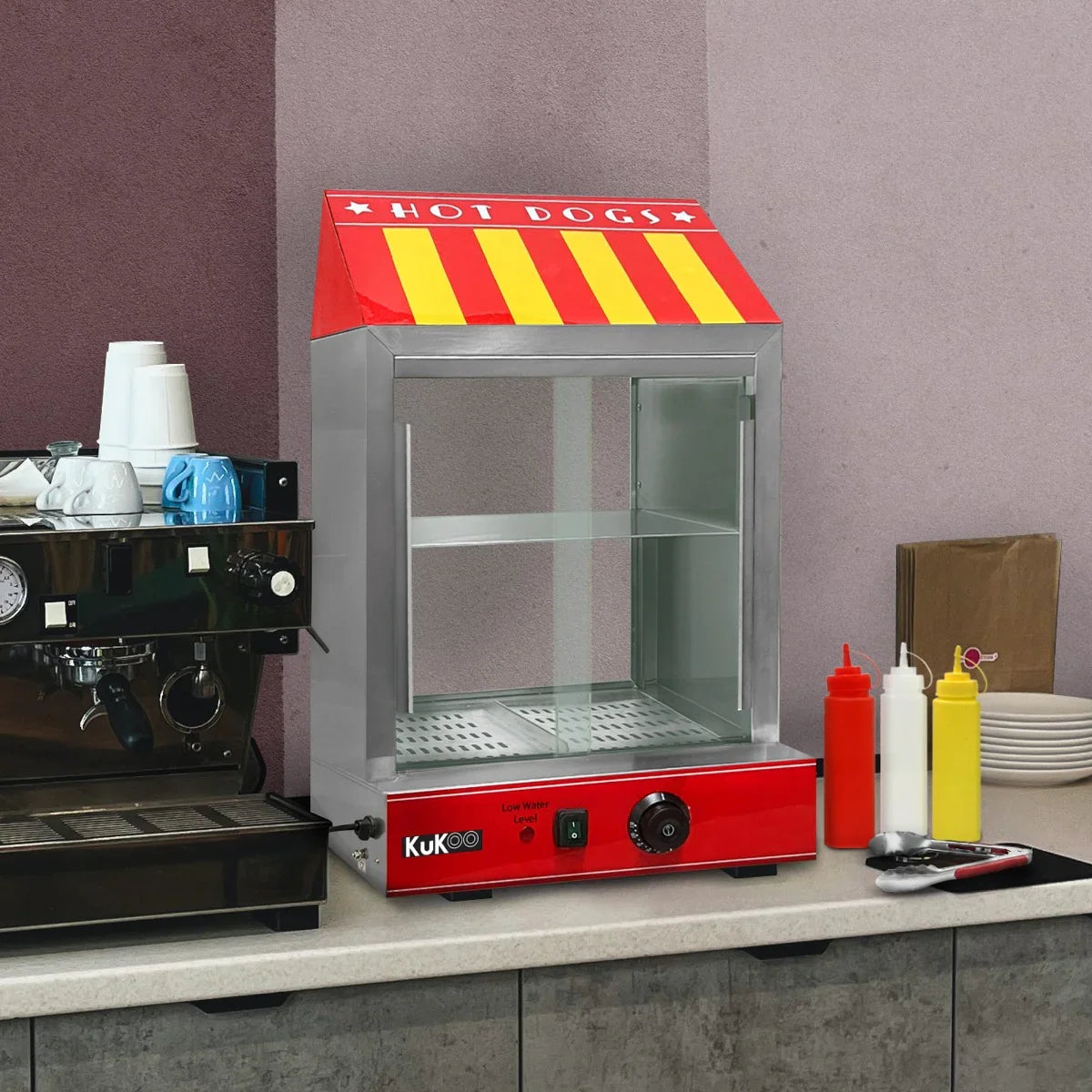 KuKoo Commercial Hot Dog Steamer with a vibrant red and yellow striped canopy, glass front, and stainless steel body, ideal for food service
