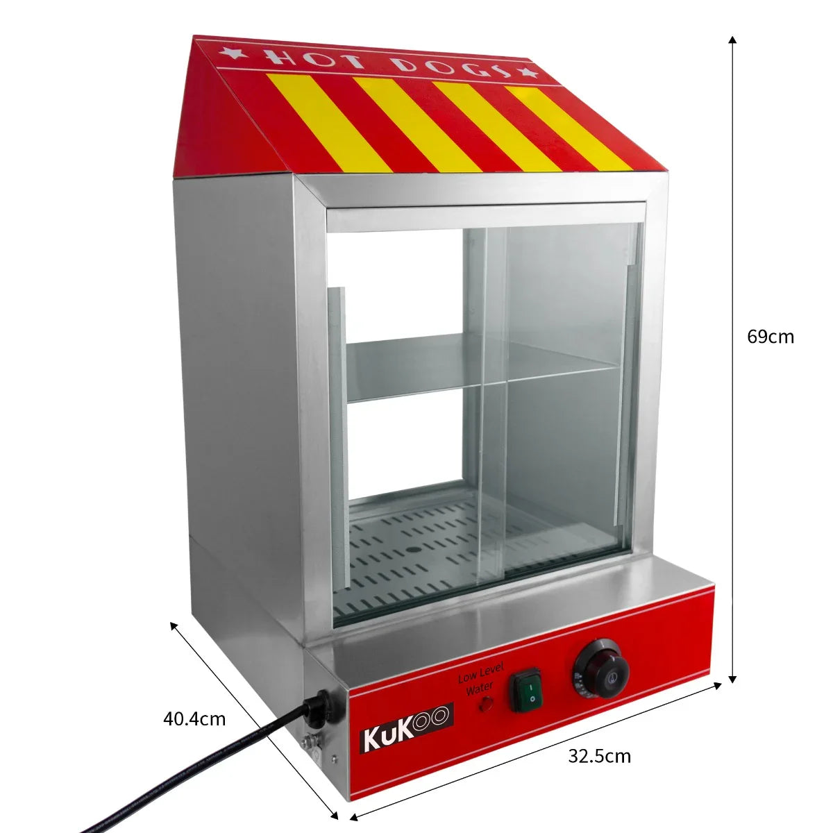 KuKoo Commercial Hot Dog Steamer with vibrant red and yellow striped roof, stainless steel body, and adjustable temperature control